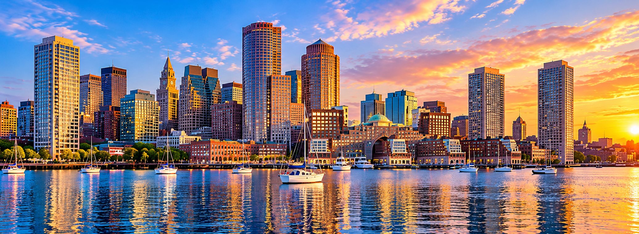 The Boston harbour skyline at sunset, with sailboats on the water