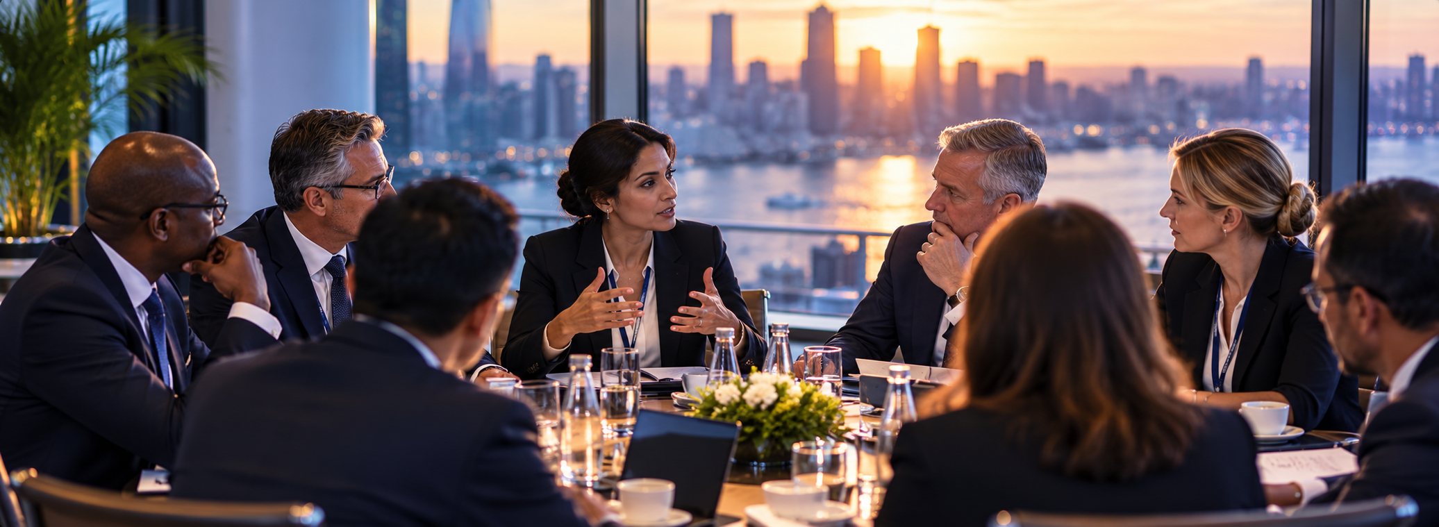 Senior leaders in discussion around a table overlooking a city skyline at sunset