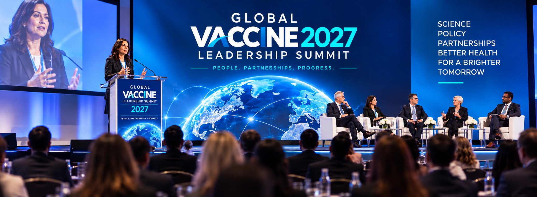 A speaker addresses delegates from the summit stage while a panel of leaders listens